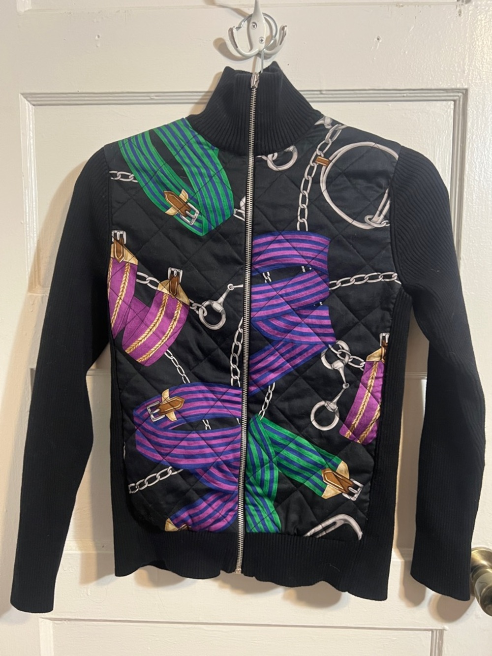 Ralph Lauren Black Quilted Jacket with Purple & Green Scarf-Print Panels